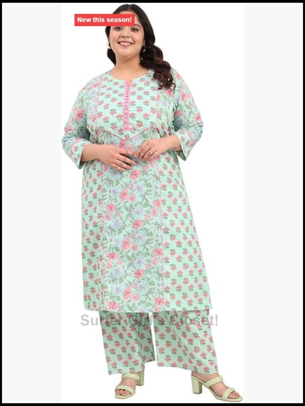 Plus Size Women's Cotton Kurta Palazzo Set 3/4 Sleeve Floral